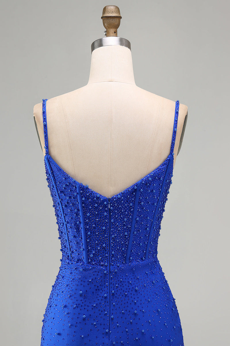 Load image into Gallery viewer, Sparkly Royal Blue Bodycon Corset Short Cocktail Dress with Pearls