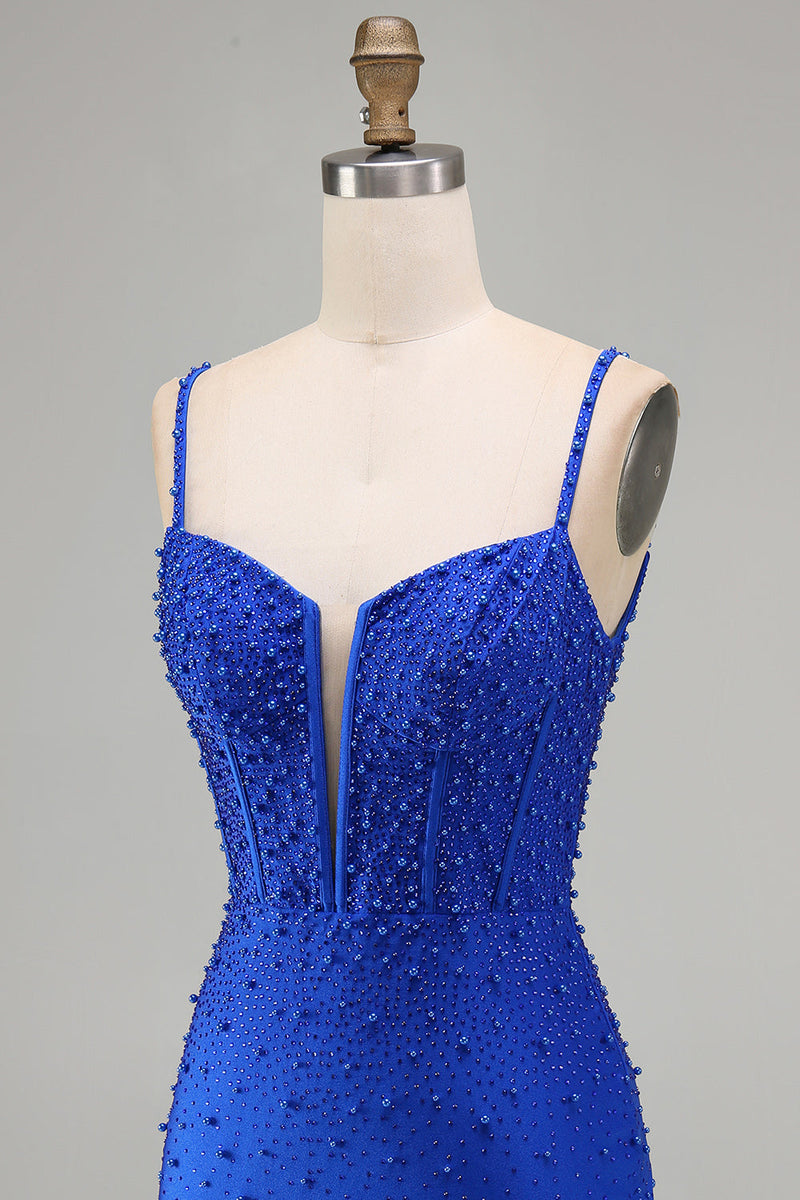 Load image into Gallery viewer, Sparkly Royal Blue Bodycon Corset Short Cocktail Dress with Pearls