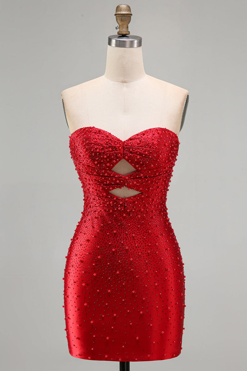 Load image into Gallery viewer, Sparkly Red Tight Cut Out Beaded Short Cocktail Dress with Pearls