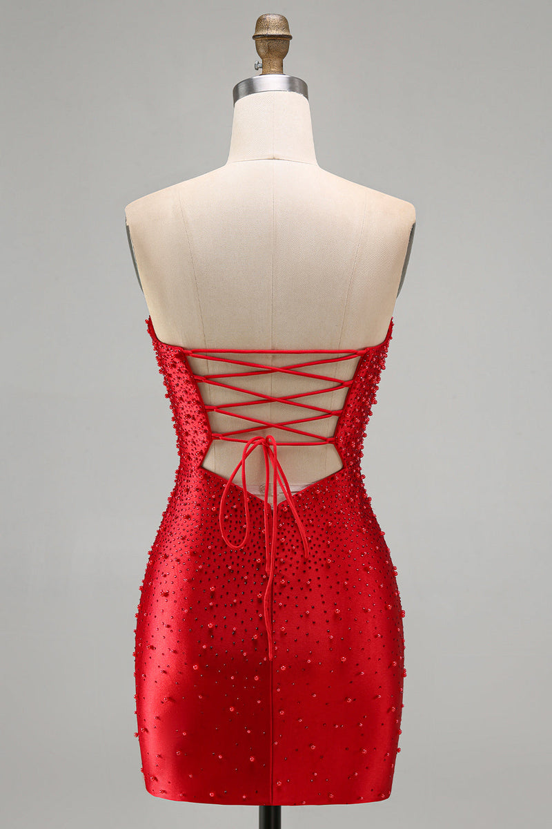 Load image into Gallery viewer, Sparkly Red Tight Cut Out Beaded Short Cocktail Dress with Pearls