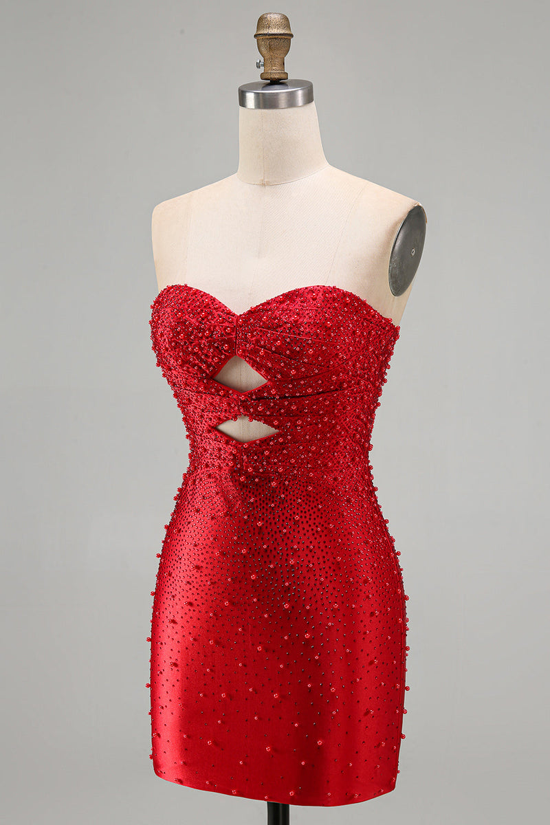 Load image into Gallery viewer, Sparkly Red Tight Cut Out Beaded Short Cocktail Dress with Pearls