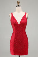 Load image into Gallery viewer, Sparkly Red Beaded V-Neck Tight Short Cocktail Dress with Pearls