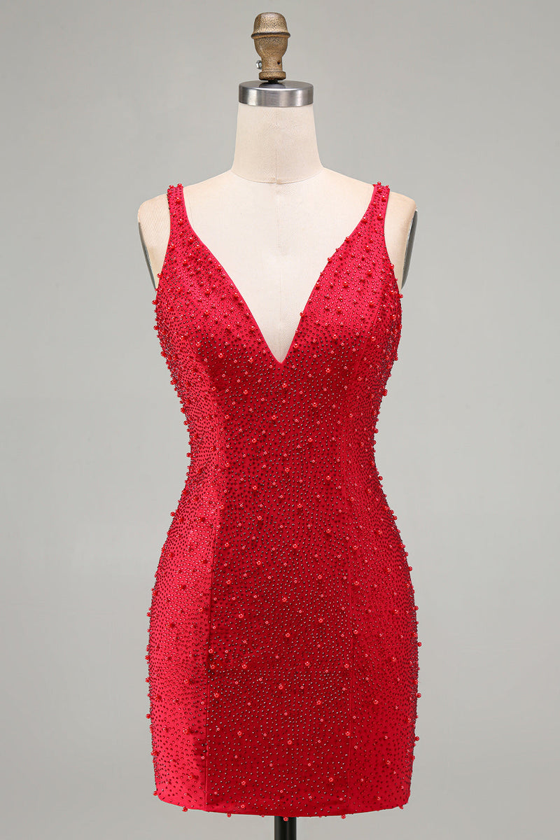 Load image into Gallery viewer, Sparkly Red Beaded V-Neck Tight Short Cocktail Dress with Pearls