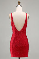 Load image into Gallery viewer, Sparkly Red Beaded V-Neck Tight Short Cocktail Dress with Pearls