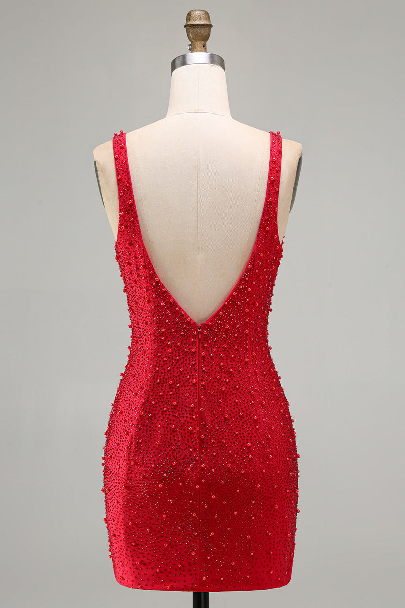 Load image into Gallery viewer, Sparkly Red Beaded V-Neck Tight Short Cocktail Dress with Pearls