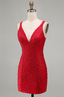 Load image into Gallery viewer, Sparkly Red Beaded V-Neck Tight Short Cocktail Dress with Pearls