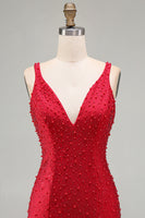 Load image into Gallery viewer, Sparkly Red Beaded V-Neck Tight Short Cocktail Dress with Pearls