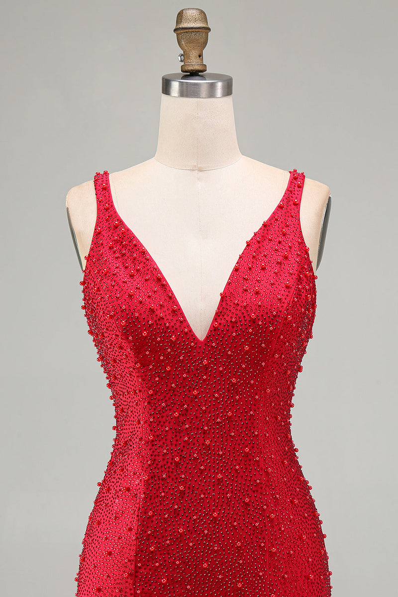 Load image into Gallery viewer, Sparkly Red Beaded V-Neck Tight Short Cocktail Dress with Pearls