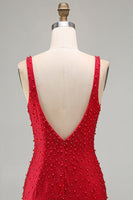 Load image into Gallery viewer, Sparkly Red Beaded V-Neck Tight Short Cocktail Dress with Pearls