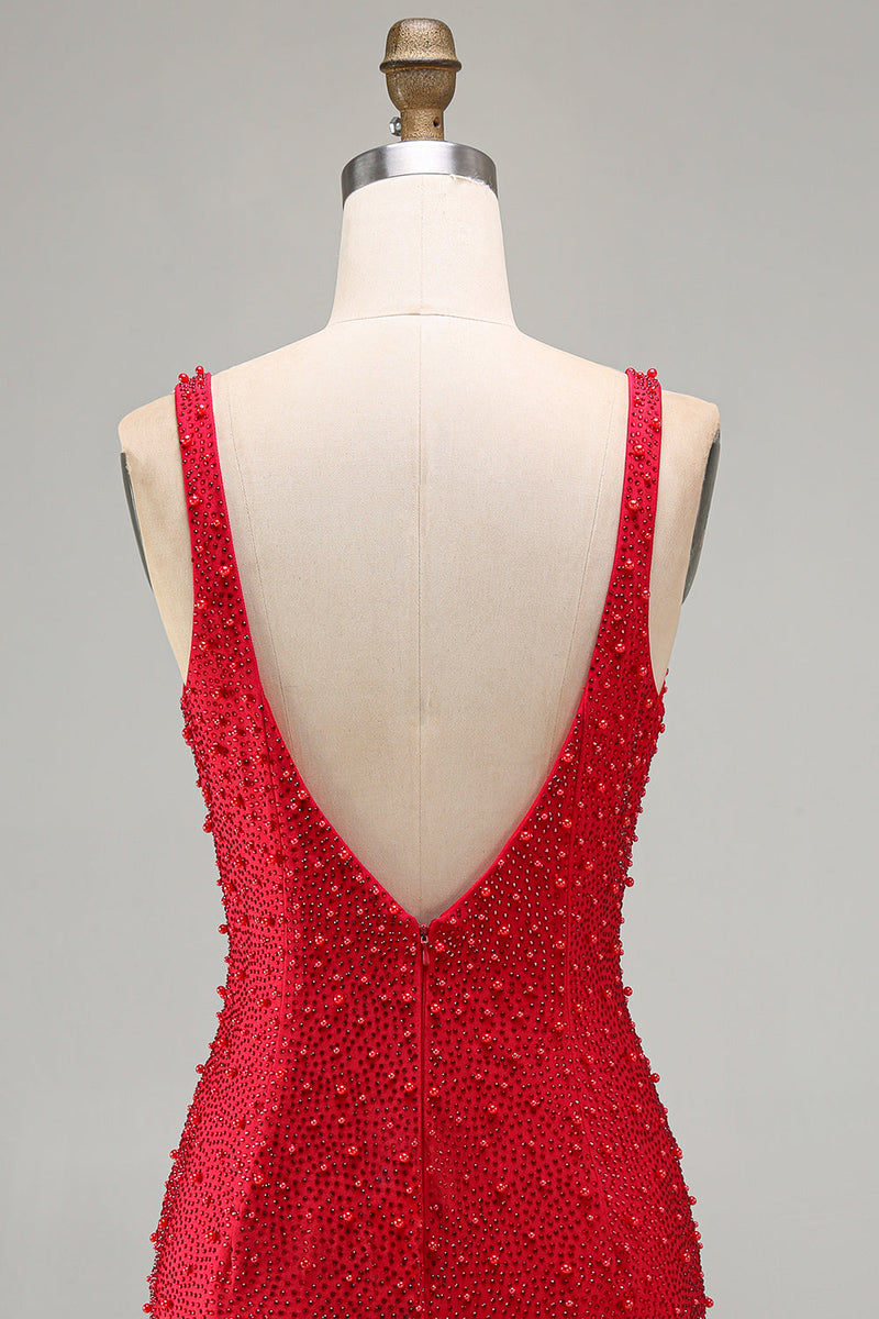 Load image into Gallery viewer, Sparkly Red Beaded V-Neck Tight Short Cocktail Dress with Pearls