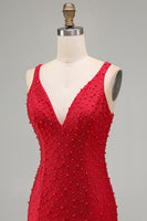 Load image into Gallery viewer, Sparkly Red Beaded V-Neck Tight Short Cocktail Dress with Pearls