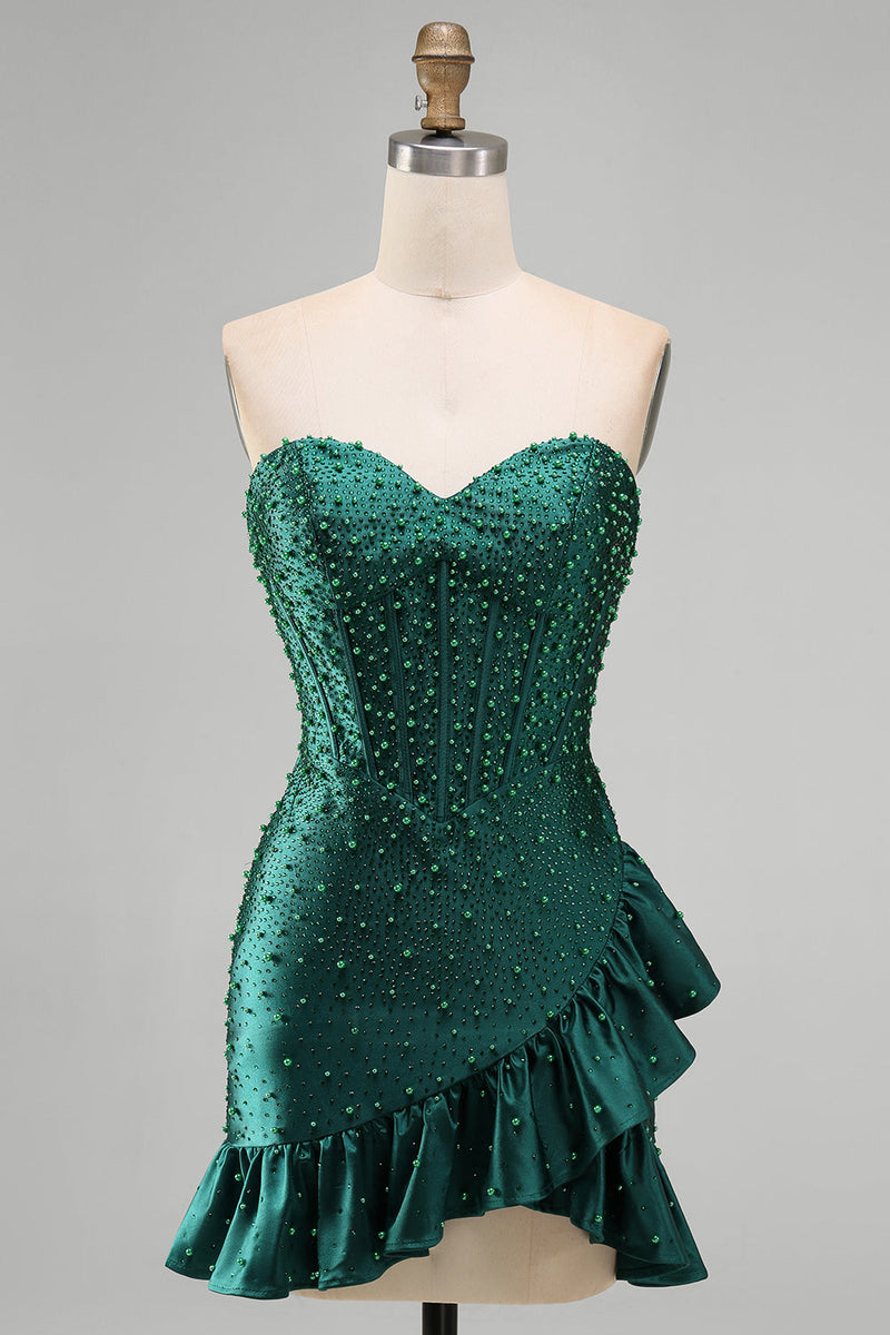 Load image into Gallery viewer, Sparkly Dark Green Ruffled Tight Sweetheart Short Corset Cocktail Dress with Pearls