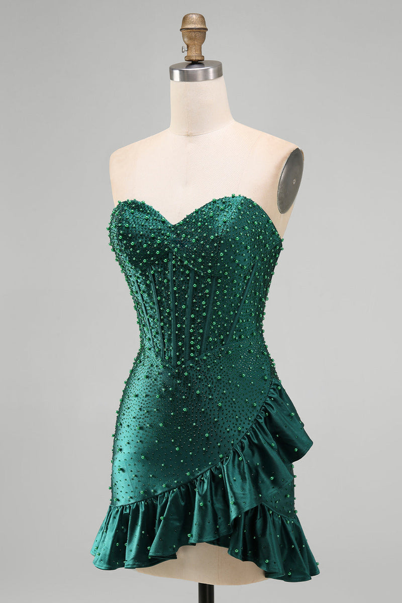 Load image into Gallery viewer, Sparkly Dark Green Ruffled Tight Sweetheart Short Corset Cocktail Dress with Pearls