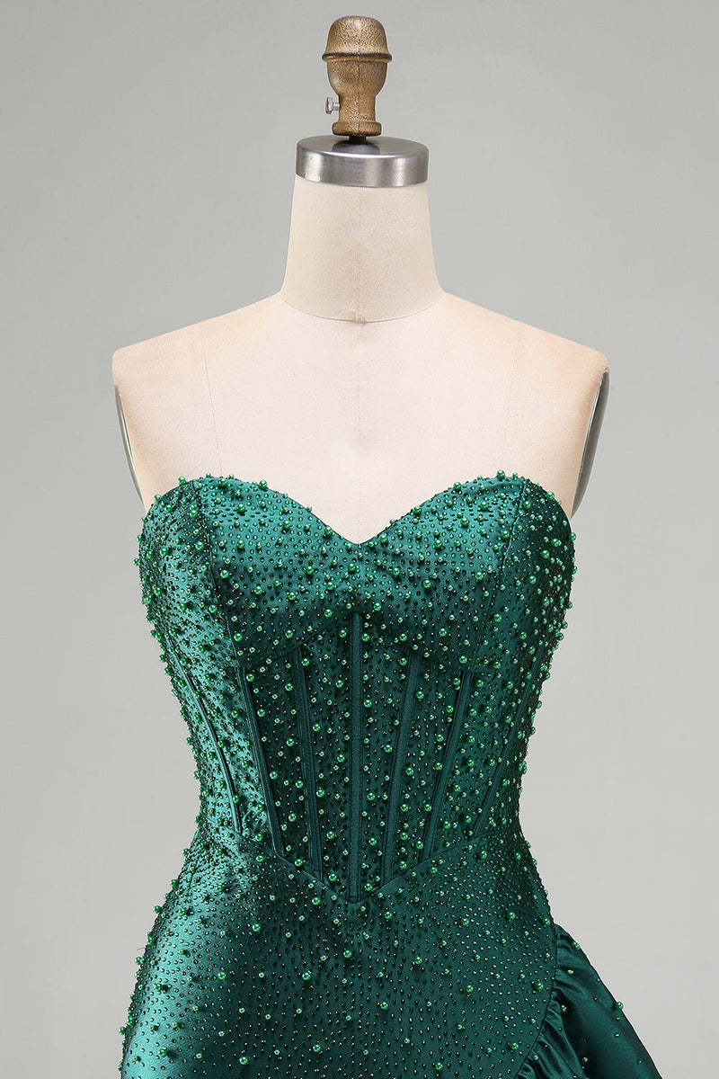 Load image into Gallery viewer, Sparkly Dark Green Ruffled Tight Sweetheart Short Corset Cocktail Dress with Pearls