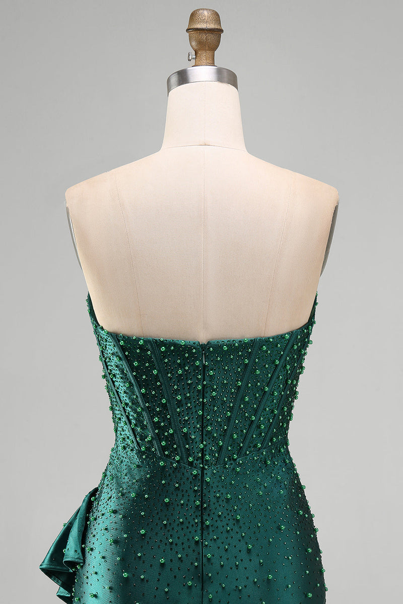 Load image into Gallery viewer, Sparkly Dark Green Ruffled Tight Sweetheart Short Corset Cocktail Dress with Pearls