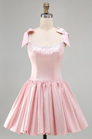 Load image into Gallery viewer, Sparkly Pink Satin A Line Short Cocktail Dress with Pearls