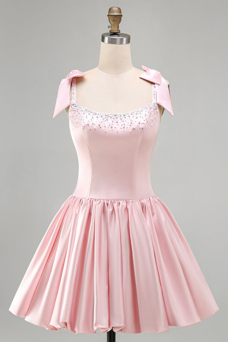 Load image into Gallery viewer, Sparkly Pink Satin A Line Short Cocktail Dress with Pearls
