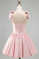 Load image into Gallery viewer, Sparkly Pink Satin A Line Short Cocktail Dress with Pearls