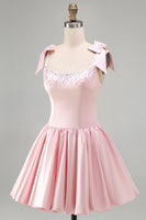 Load image into Gallery viewer, Sparkly Pink Satin A Line Short Cocktail Dress with Pearls
