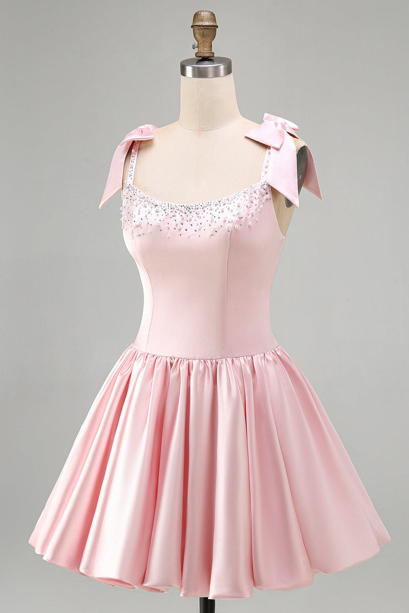 Load image into Gallery viewer, Sparkly Pink Satin A Line Short Cocktail Dress with Pearls