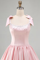 Load image into Gallery viewer, Sparkly Pink Satin A Line Short Cocktail Dress with Pearls