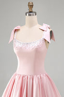 Load image into Gallery viewer, Sparkly Pink Satin A Line Short Cocktail Dress with Pearls