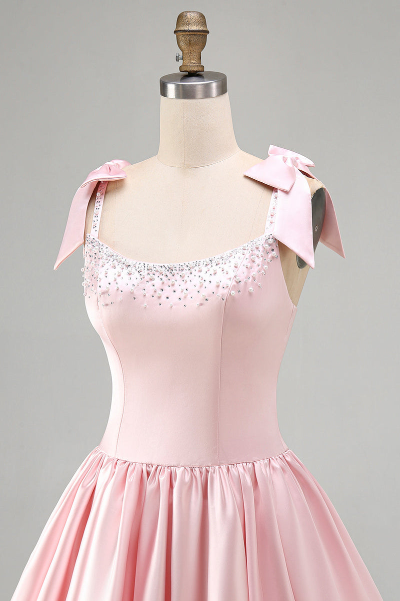 Load image into Gallery viewer, Sparkly Pink Satin A Line Short Cocktail Dress with Pearls