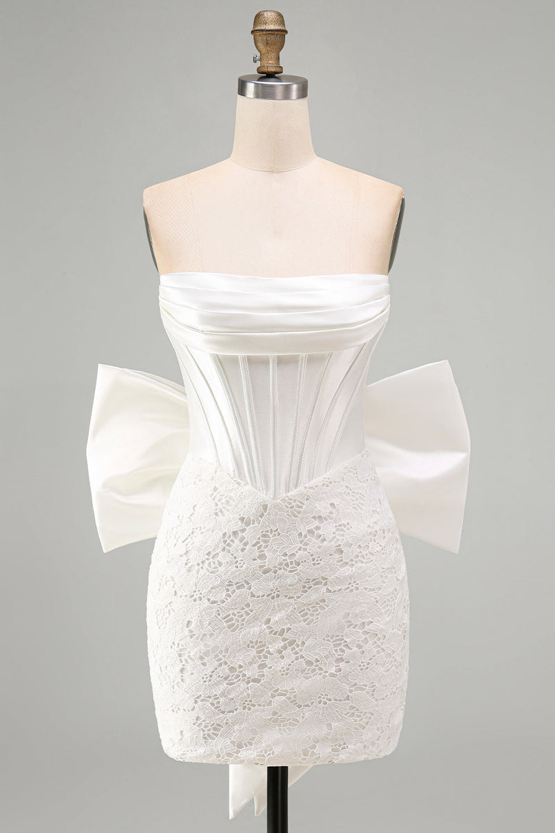 Load image into Gallery viewer, White Tight Lace Ruched Strapless Corset Short Cocktail Dress with Bow