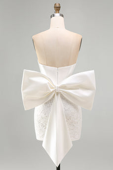 White Tight Lace Ruched Strapless Corset Short Cocktail Dress with Bow