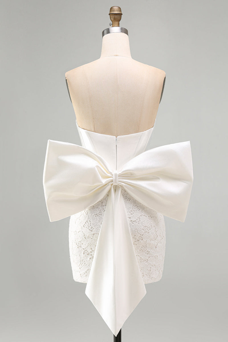 Load image into Gallery viewer, White Tight Lace Ruched Strapless Corset Short Cocktail Dress with Bow