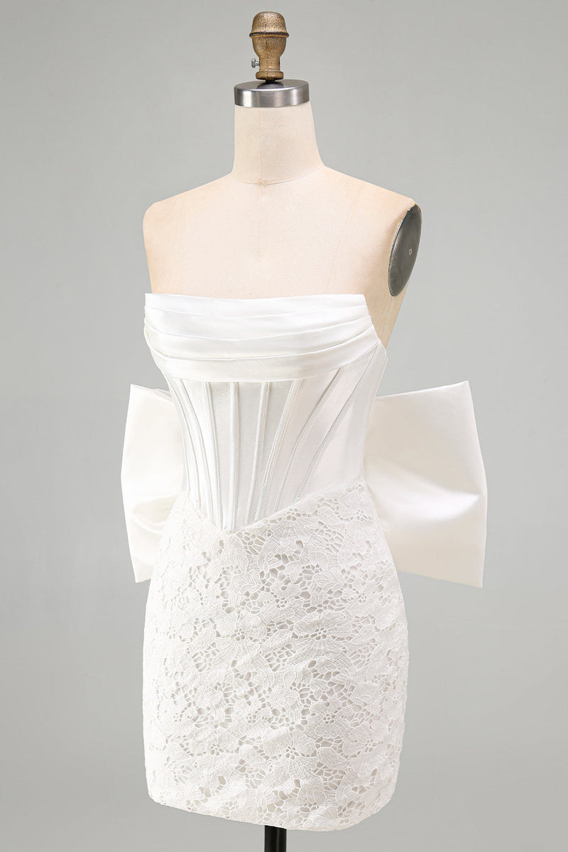 Load image into Gallery viewer, White Tight Lace Ruched Strapless Corset Short Cocktail Dress with Bow