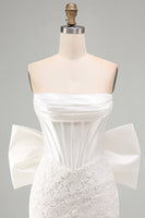 Load image into Gallery viewer, White Tight Lace Ruched Strapless Corset Short Cocktail Dress with Bow