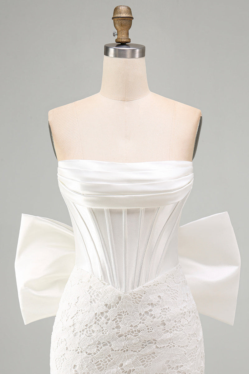 Load image into Gallery viewer, White Tight Lace Ruched Strapless Corset Short Cocktail Dress with Bow