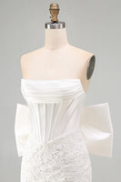Load image into Gallery viewer, White Tight Lace Ruched Strapless Corset Short Cocktail Dress with Bow
