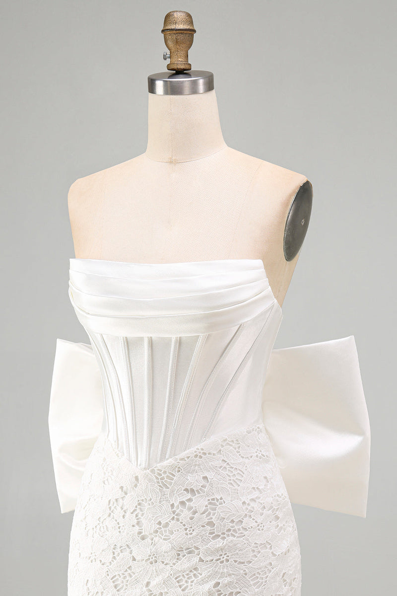 Load image into Gallery viewer, White Tight Lace Ruched Strapless Corset Short Cocktail Dress with Bow