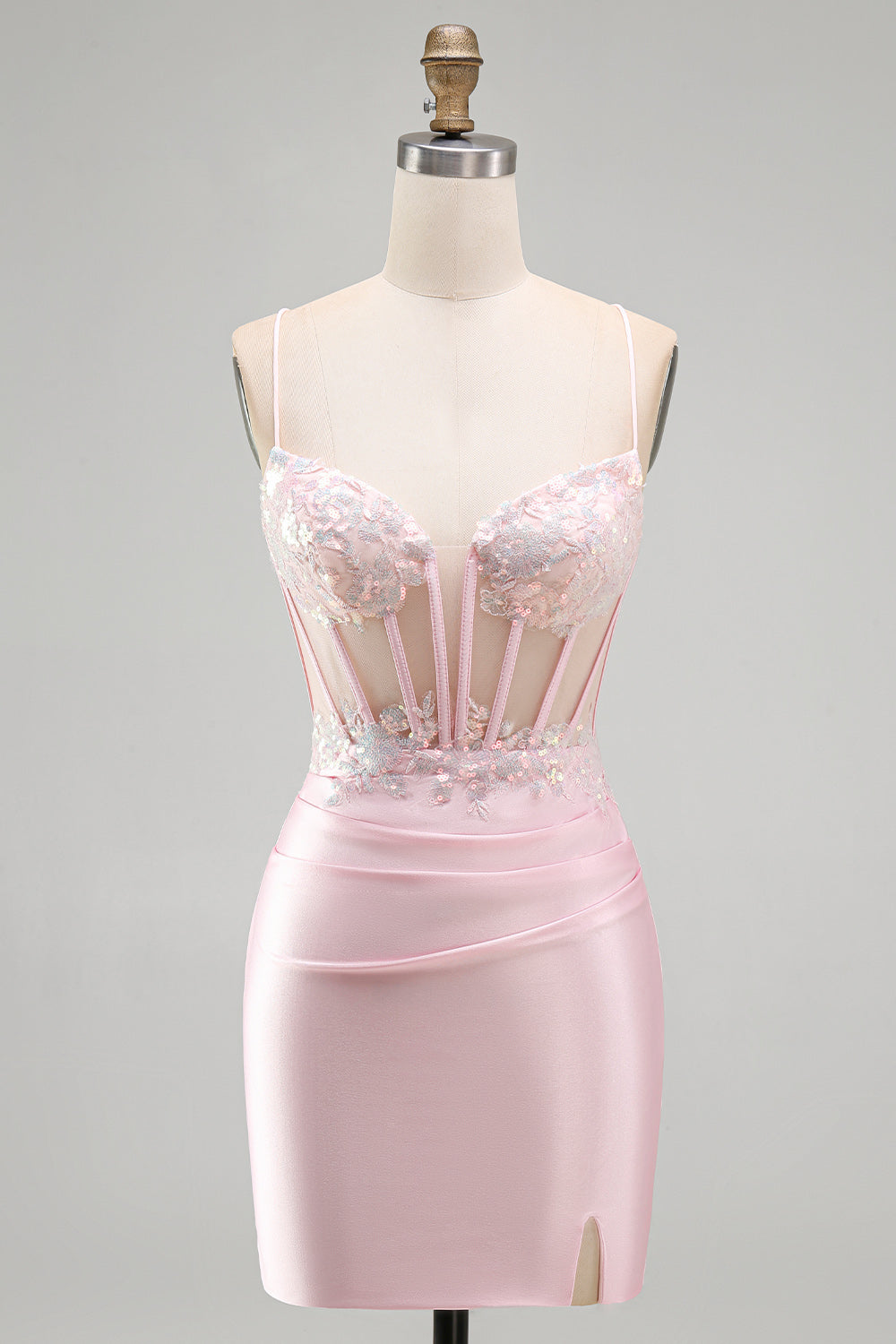 Sparkly Pink Tight Corset Ruched Short Cocktail Dress with Sequins