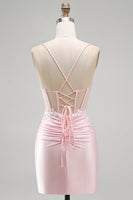 Load image into Gallery viewer, Sparkly Pink Tight Corset Ruched Short Cocktail Dress with Sequins