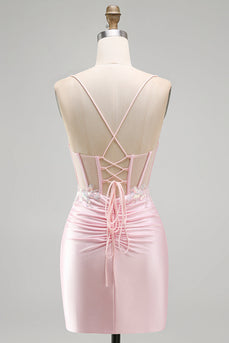 Sparkly Pink Tight Corset Ruched Short Cocktail Dress with Sequins