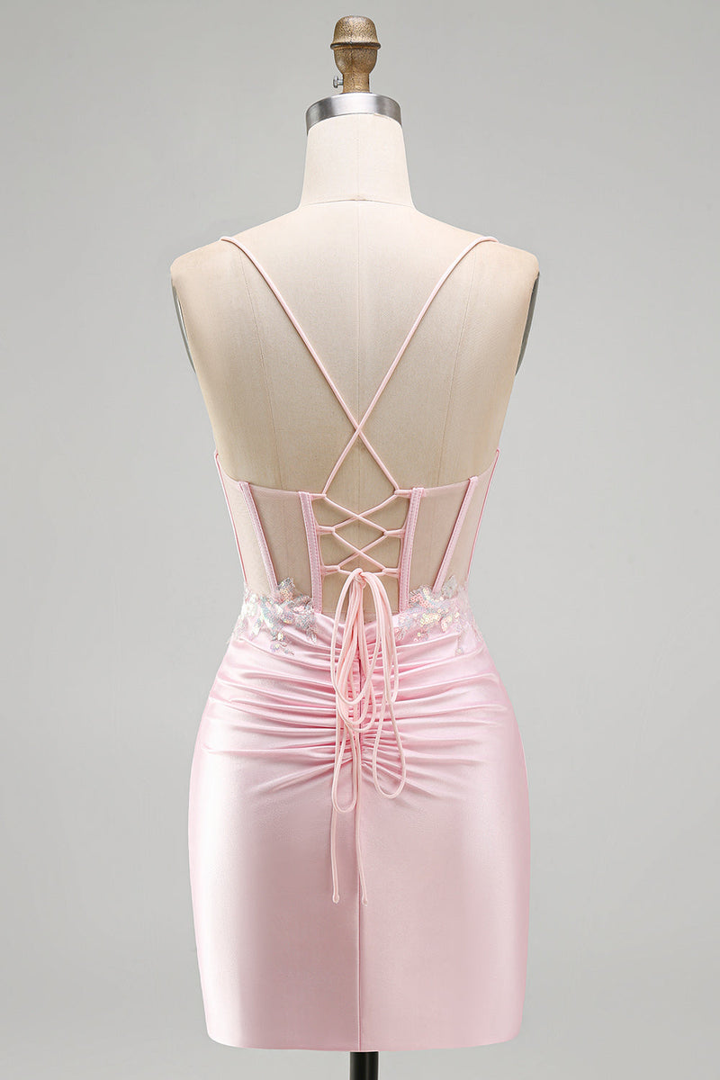 Load image into Gallery viewer, Sparkly Pink Tight Corset Ruched Short Cocktail Dress with Sequins