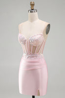 Load image into Gallery viewer, Sparkly Pink Tight Corset Ruched Short Cocktail Dress with Sequins