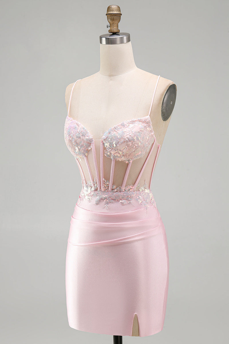 Load image into Gallery viewer, Sparkly Pink Tight Corset Ruched Short Cocktail Dress with Sequins