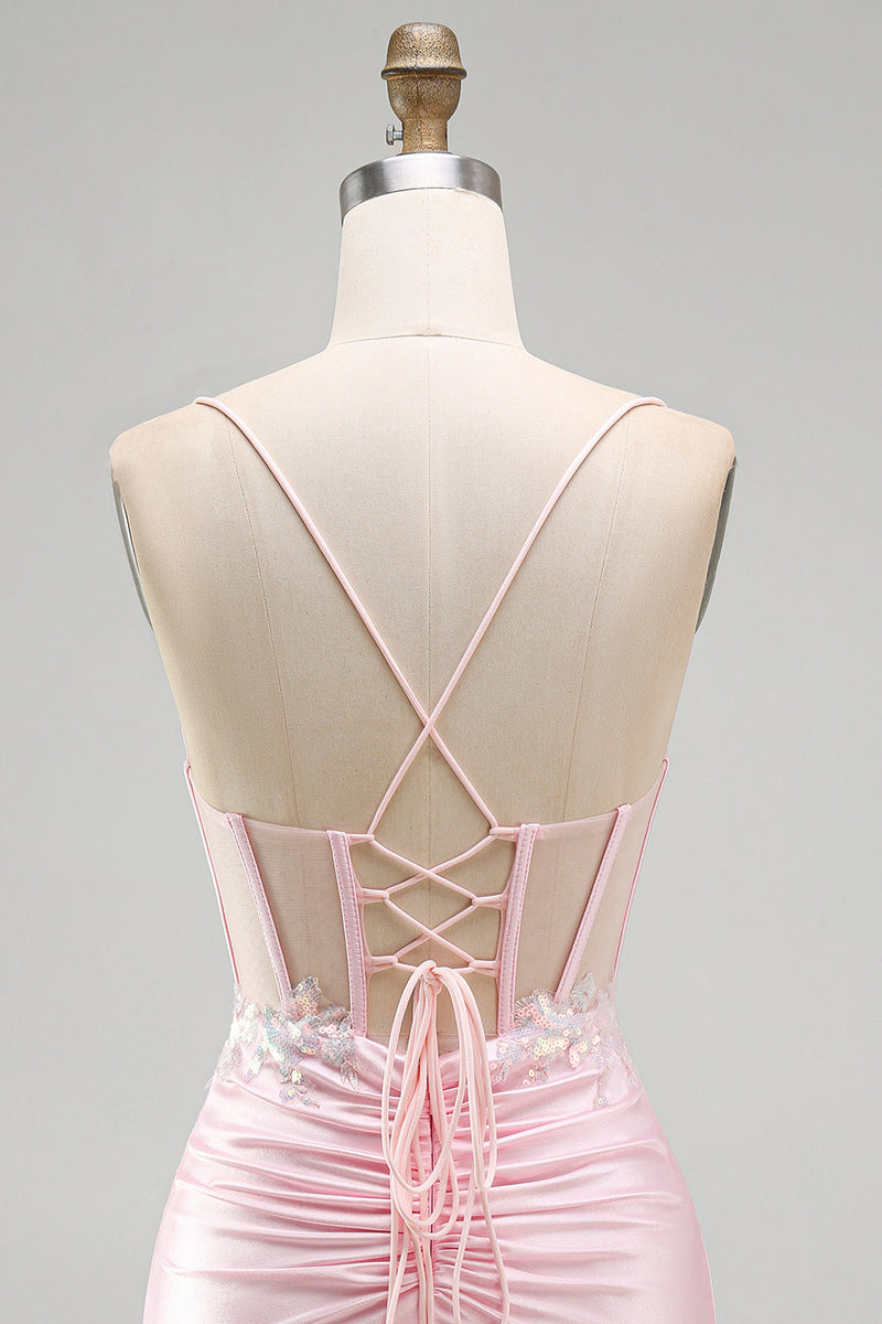 Load image into Gallery viewer, Sparkly Pink Tight Corset Ruched Short Cocktail Dress with Sequins