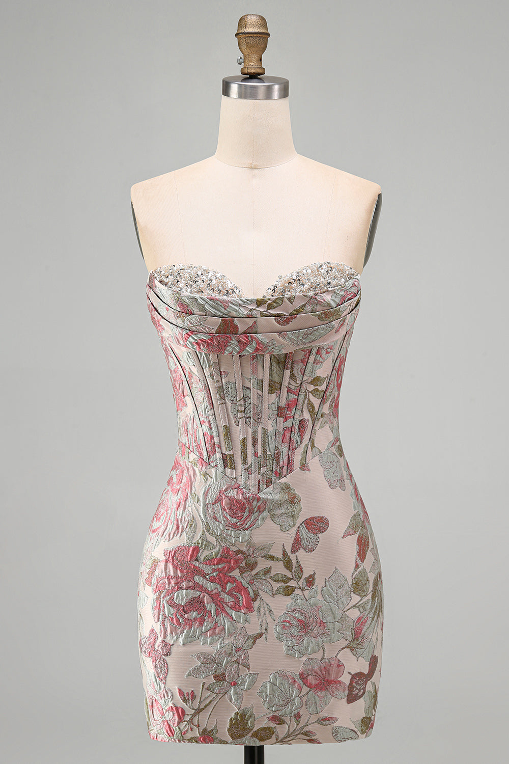 Pink Floral Corset Ruched Tight Sweetheart Short Cocktail Dress