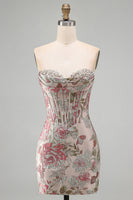Load image into Gallery viewer, Pink Floral Corset Ruched Tight Sweetheart Short Cocktail Dress