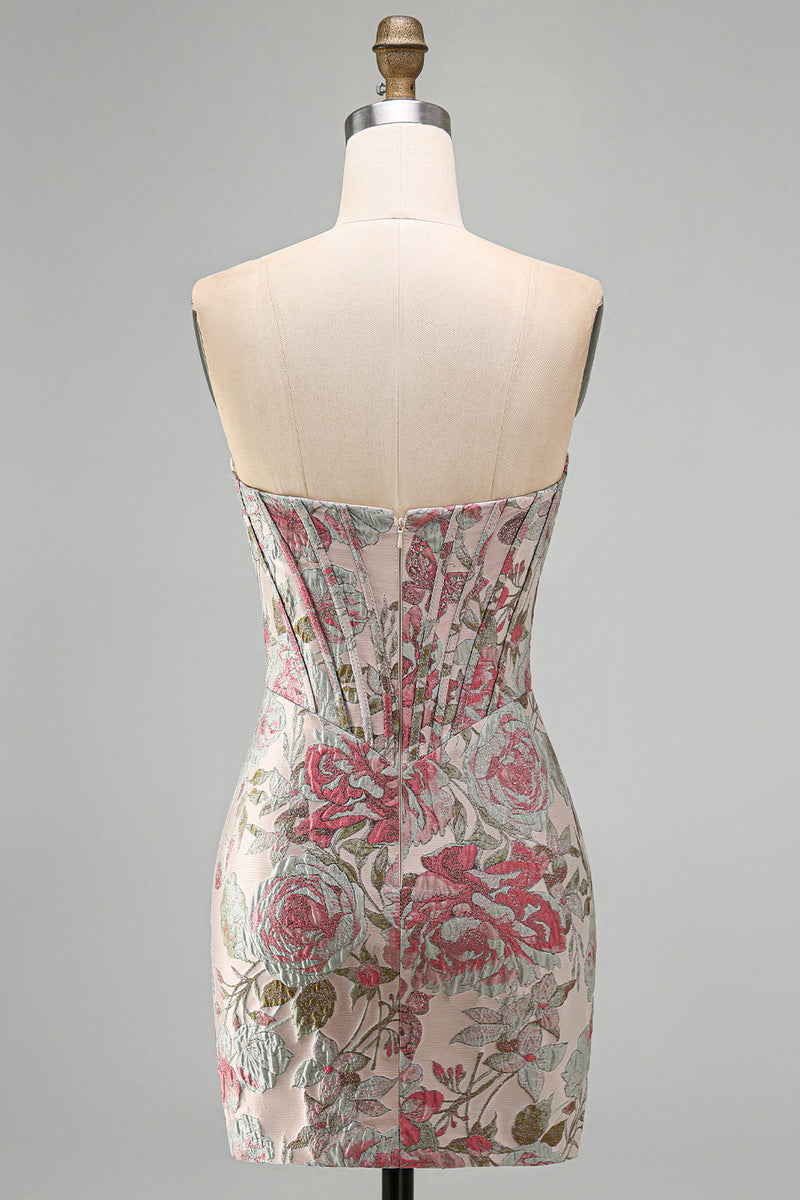 Load image into Gallery viewer, Pink Floral Corset Ruched Tight Sweetheart Short Cocktail Dress