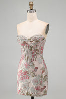 Load image into Gallery viewer, Pink Floral Corset Ruched Tight Sweetheart Short Cocktail Dress