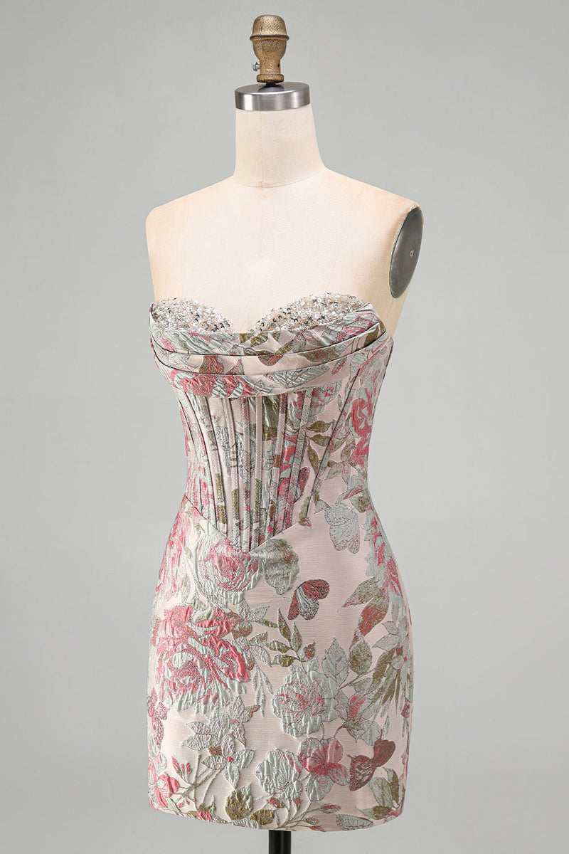 Load image into Gallery viewer, Pink Floral Corset Ruched Tight Sweetheart Short Cocktail Dress