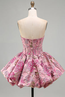 Red Floral Corset Jacquard A Line Short Bubble Cocktail Dress