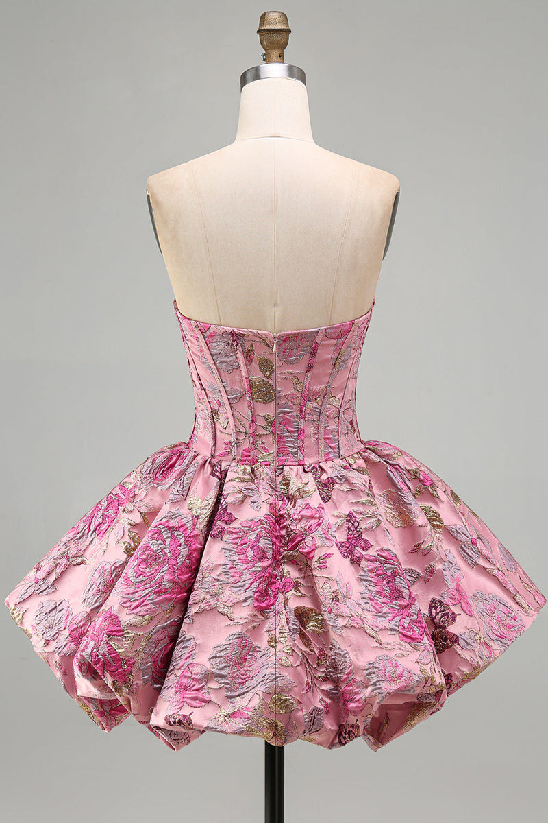 Load image into Gallery viewer, Red Floral Corset Jacquard A Line Short Bubble Cocktail Dress