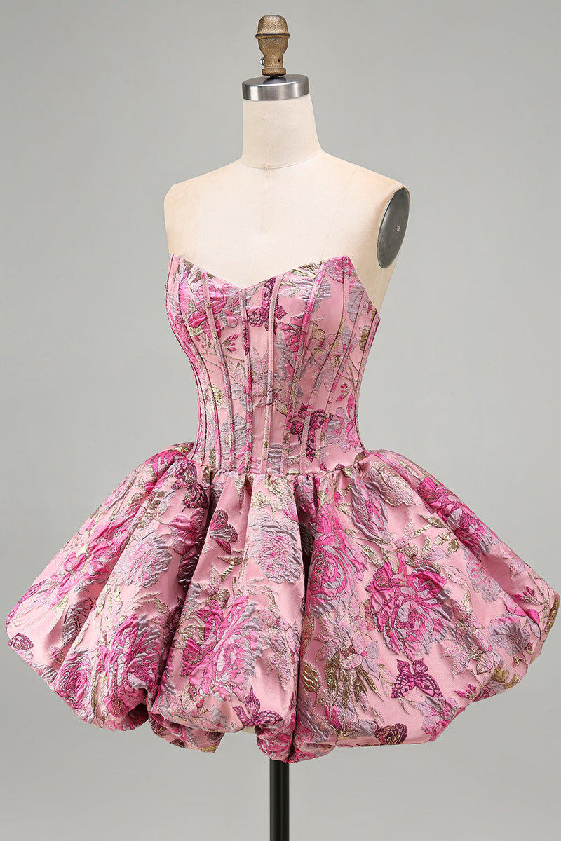 Load image into Gallery viewer, Red Floral Corset Jacquard A Line Short Bubble Cocktail Dress